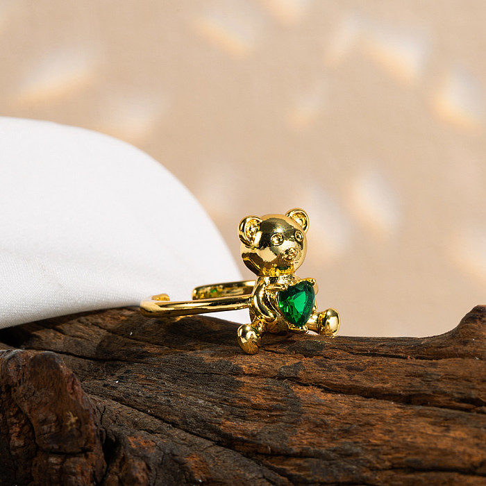 Anéis abertos folheados a ouro com zircão de cobre em forma de coração de urso fofo e doce