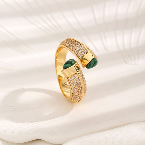 Casual Vintage Style Round Copper Asymmetrical Plating Inlay Turquoise Zircon 18K Gold Plated Open Ring