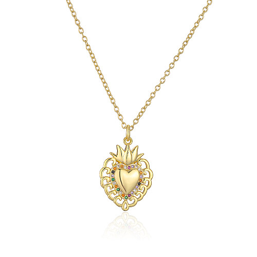 Moda cruz forma de coração coroa cobre banhado a ouro zircão pingente colar 1 peça