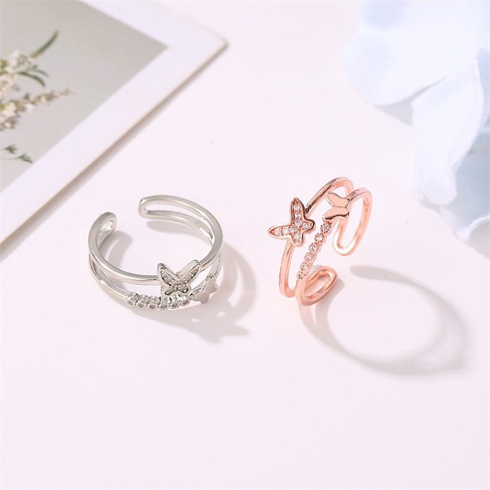 Novo anel duplo borboleta anel senhoras popular rosa ouro diamante abertura anel ajustável