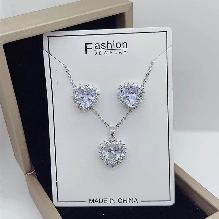 Conjunto de joyería para mujer de circón con incrustaciones de acero de titanio con forma de corazón de moda de 2 piezas