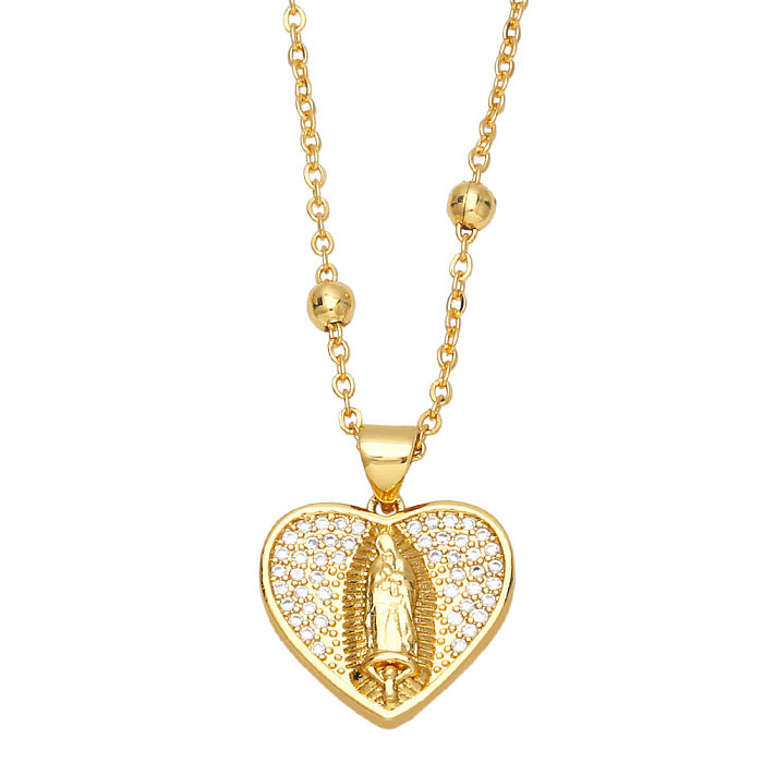 Colar banhado a ouro 18K da Virgem Maria em formato de coração com zircônia colorida da moda
