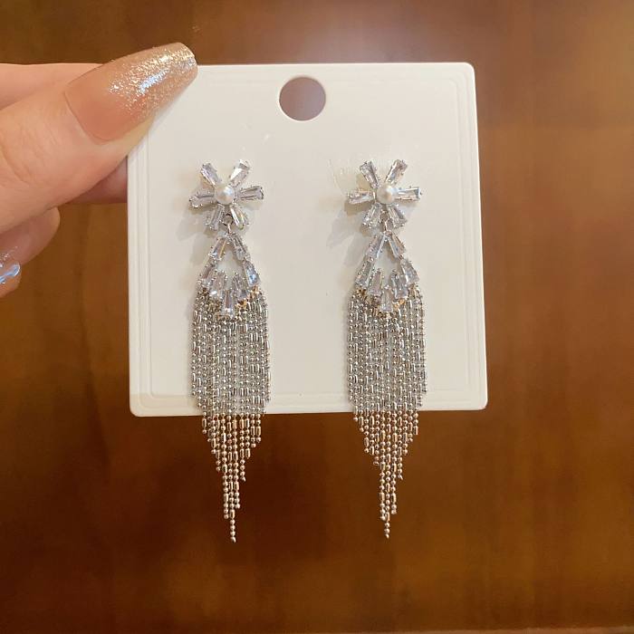 1 Pair Simple Style Shiny Star Tassel Heart Shape Plating Inlay Copper Rhinestones Drop Earrings