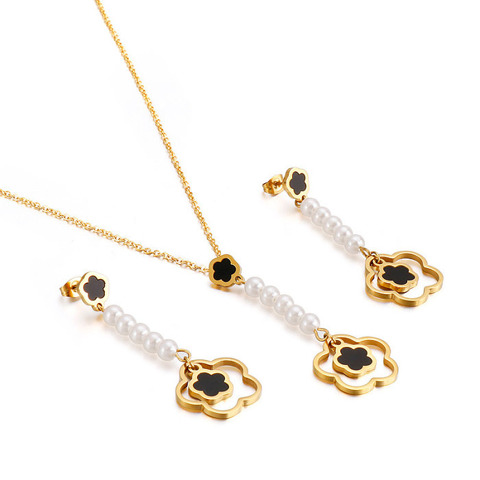 Mode Blume Titan Stahl Inlay künstliche Perlen Ohrringe Halskette 1 Set