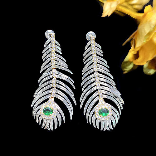 1 Pair IG Style Feather Inlay Copper Zircon Drop Earrings