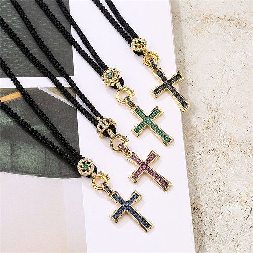 Streetwear Cross Copper Plating Inlay Zircon Gold Plated Pendant Necklace
