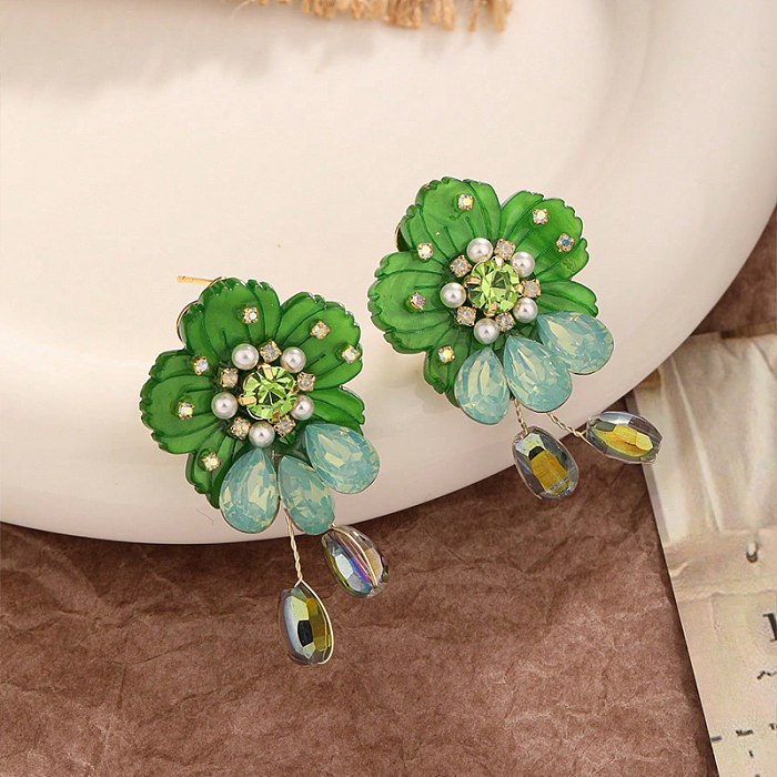 1 Pair Vintage Style Flower Inlay Copper Glass Zircon Drop Earrings