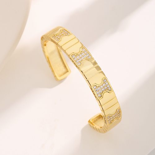 Elegant Modern Style Rectangle Copper Plating Inlay Zircon 18K Gold Plated Bangle