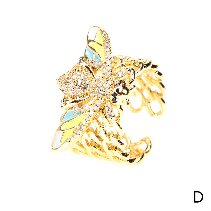 Elegante estilo vintage abelha cobre esmaltado embutimento zircão 18K anéis abertos banhados a ouro