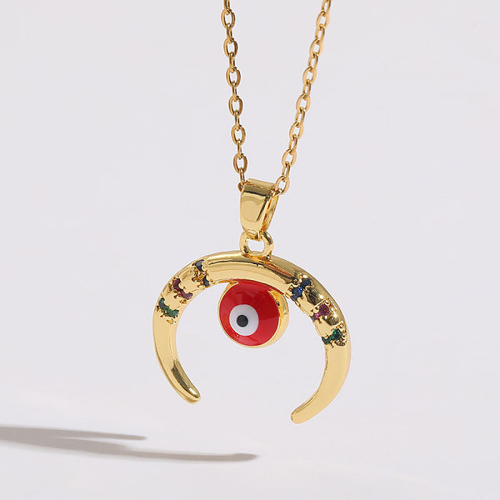 Retro Simple Style Devil'S Eye Moon Copper Enamel Plating Inlay Zircon 14K Gold Plated Pendant Necklace