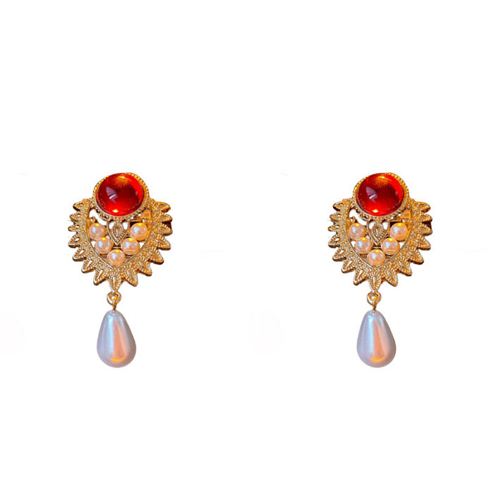 1 Pair Glam Retro Water Droplets Inlay Copper Artificial Pearls Resin Drop Earrings