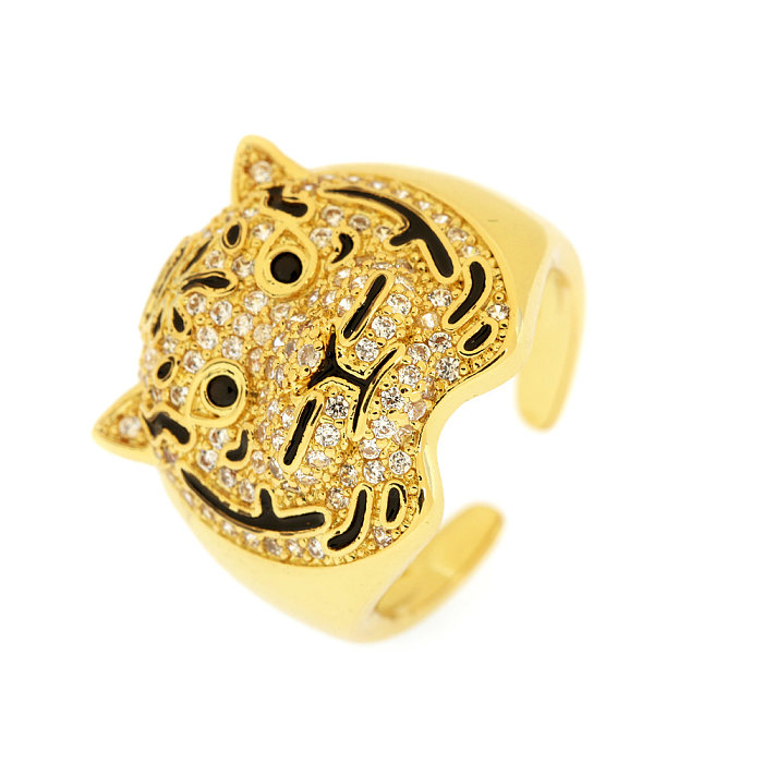 Hip-hop estilo simples tigre cobre esmalte chapeamento incrustado zircão 18K anéis abertos banhados a ouro