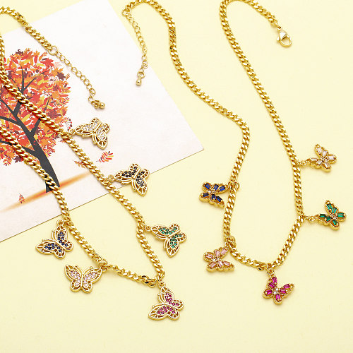 Hip-Hop-Halskette mit Blumen- und Schmetterlingsmotiv, verkupfert, Inlay aus Zirkon, 18 Karat vergoldet