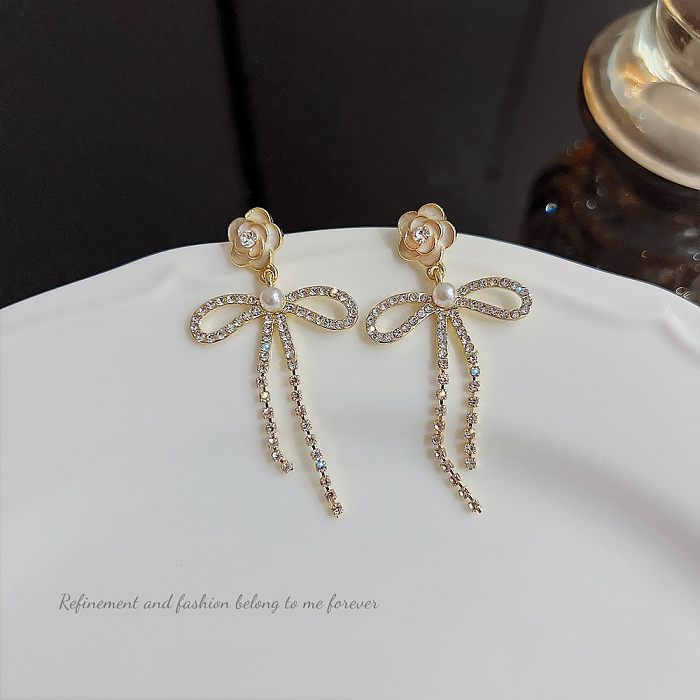 Fashion Tassel Butterfly Bow Knot Copper Inlay Artificial Pearls Rhinestones Earrings 1 Pair