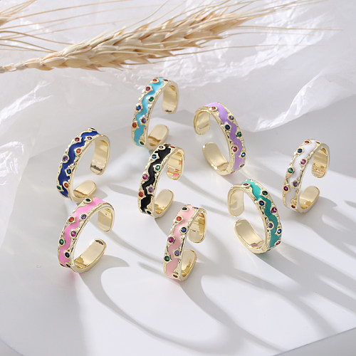 Elegante Streetwear-offene Ringe mit geometrischem Kupfer-Emaille-Inlay und Strasssteinen