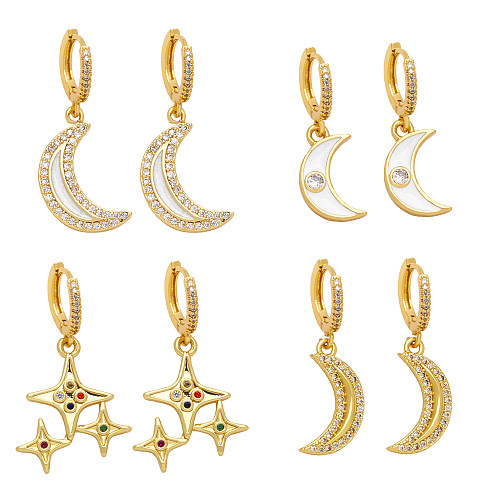 1 paire de boucles d'oreilles plaquées or 18 carats, Style Simple, étoile, lune, incrustation de cuivre et de Zircon