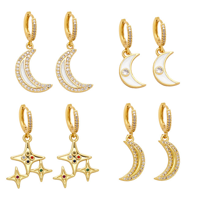 1 Pair Fashion Simple Style Star Moon Plating Inlay Copper Zircon 18K Gold Plated Drop Earrings