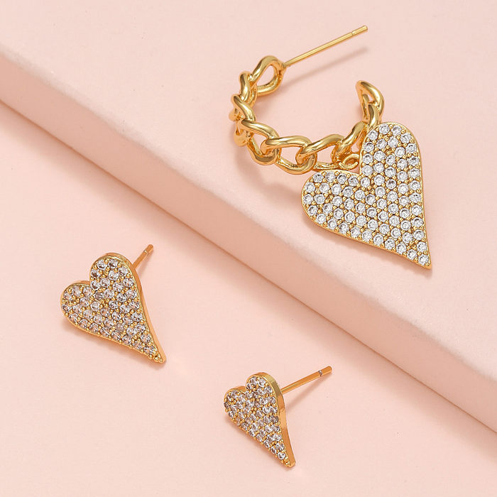 Conjunto de brincos de cobre com 3 peças de brincos de ouro em forma de coração em forma de coração