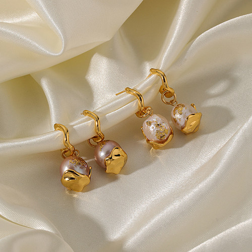 Pendientes colgantes chapados en oro de 1K, elegantes y lujosos, con incrustaciones irregulares, perlas de agua dulce de cobre, 18 par