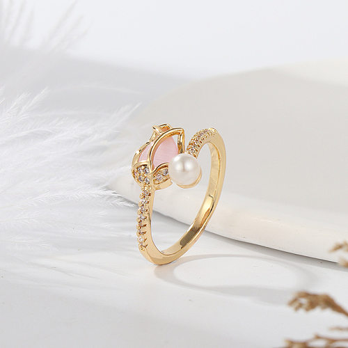 Anillo abierto de diamantes de imitación con incrustaciones de perlas de cobre y flor de moda 1 pieza