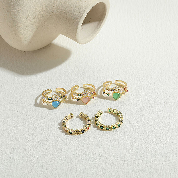 Elegant Sweet Heart Shape Copper Plating Inlay Opal Zircon 14K Gold Plated Open Rings
