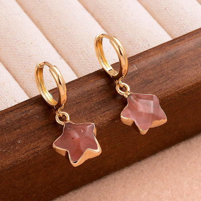 1 Pair IG Style Cute Sweet Pentagram Plating Inlay Copper Natural Stone 14K Gold Plated Drop Earrings