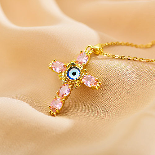 Ethnic Style Cross Eye Alloy Copper Inlay Zircon Gold Plated Necklace