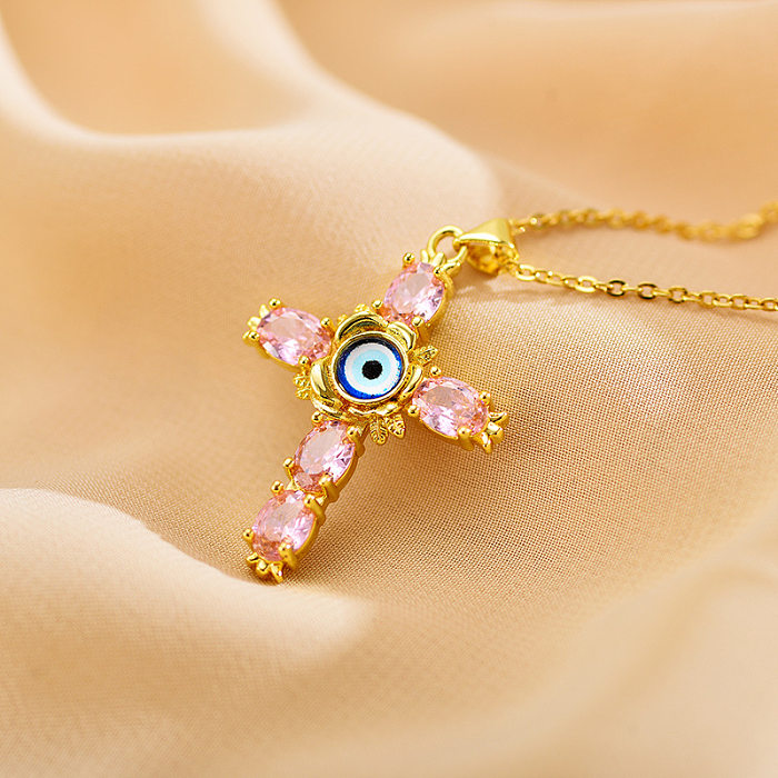 Ethnic Style Cross Eye Alloy Copper Inlay Zircon Gold Plated Necklace