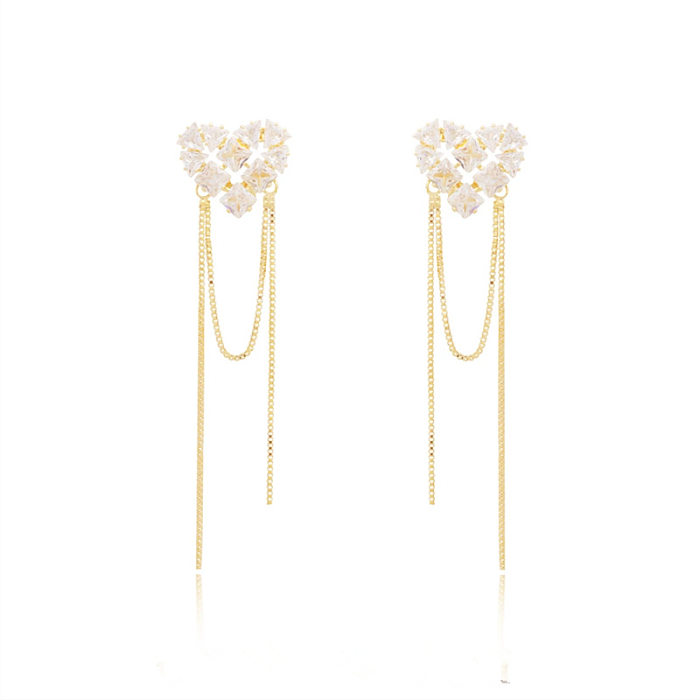 1 Pair Sweet Heart Shape Tassel Inlay Copper Zircon Drop Earrings