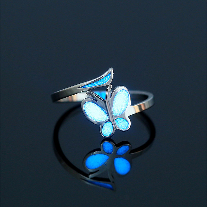 Sweet Heart Shape Butterfly Stainless Steel Luminous Inlay Zircon Rings 1 Piece