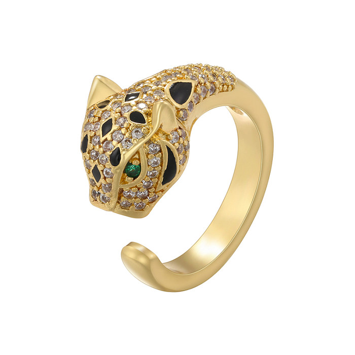 Offene Ringe mit übertriebenem Rock-Leopardenkopf im Hip-Hop-Stil, Kupferbeschichtung, Inlay aus Zirkon, 18 Karat vergoldet