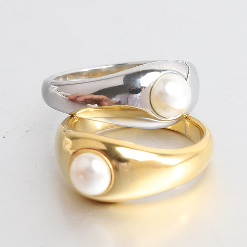 Classic Style Geometric Titanium Steel Plating Inlay Artificial Pearls Rings