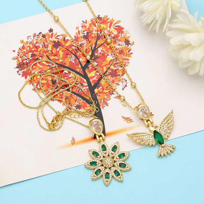 Fashion Flower Bird Copper Gold Plated Zircon Pendant Necklace 1 Piece