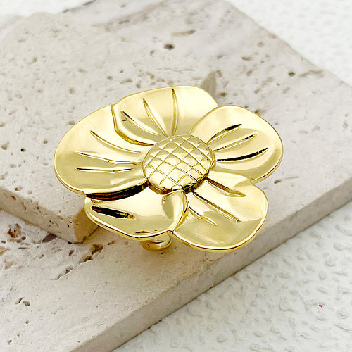 Atacado elegante retro flor chapeamento de aço inoxidável anéis abertos banhados a ouro