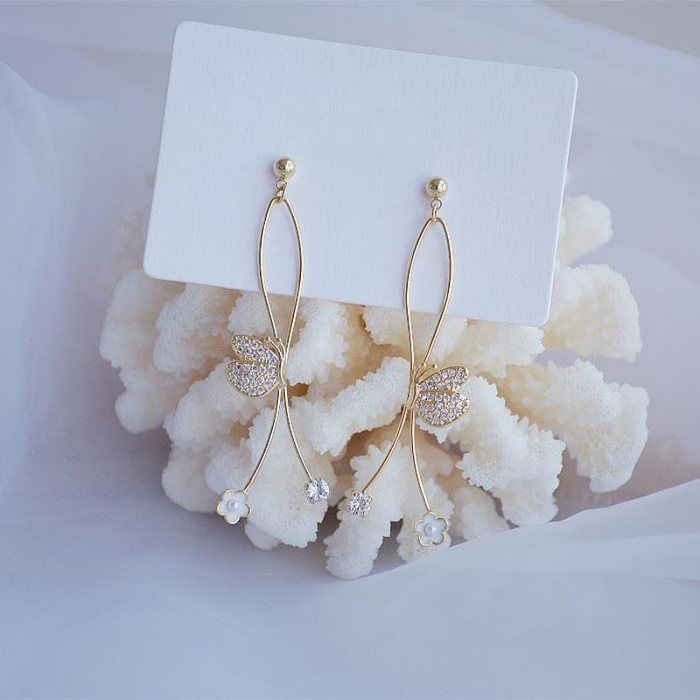 1 Paar elegante Blumen-Schmetterlings-Ohrringe mit Inlay-Kupfer-Zirkon-Vergoldung und 14-Karat-Vergoldung
