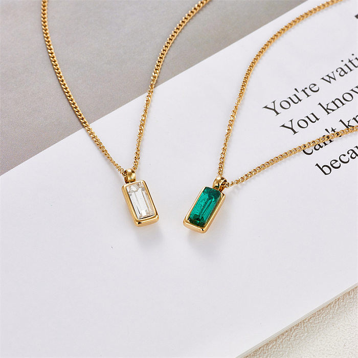 Simple Style Square Inlaid Emerald Zircon Stainless Steel Pendant Necklace