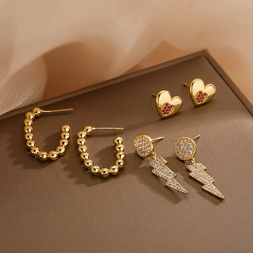 1 paire de clous d'oreilles plaqués or 18 carats, Style Simple, en forme de cœur, incrustation de cuivre et de Zircon