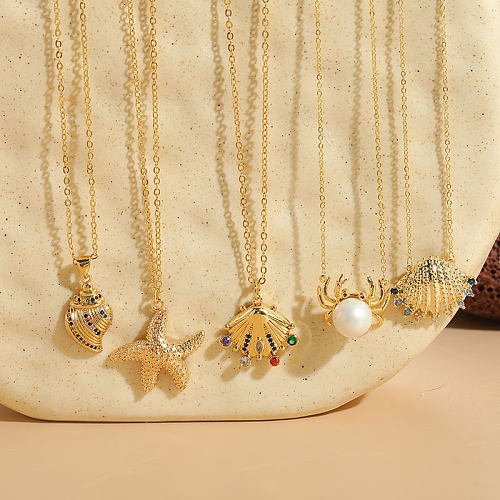 Marine Style Classic Style Streetwear Starfish Conch Crab Copper Plating Inlay Artificial Pearls Zircon 14K Gold Plated Pendant Necklace
