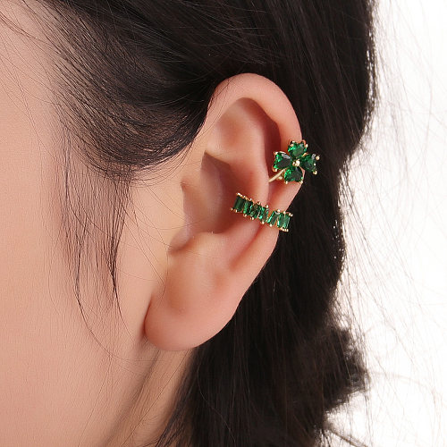 Vintage Style Fashion French Style Four Leaf Clover Copper Plating Zircon Ear Clips 1 Pair