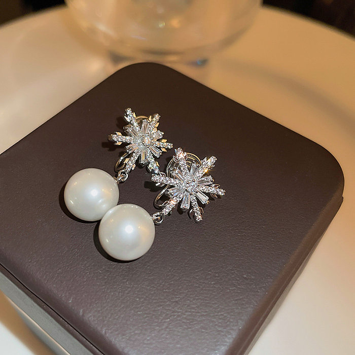 Elegant Snowflake Copper Inlay Pearl Zircon Drop Earrings 1 Pair