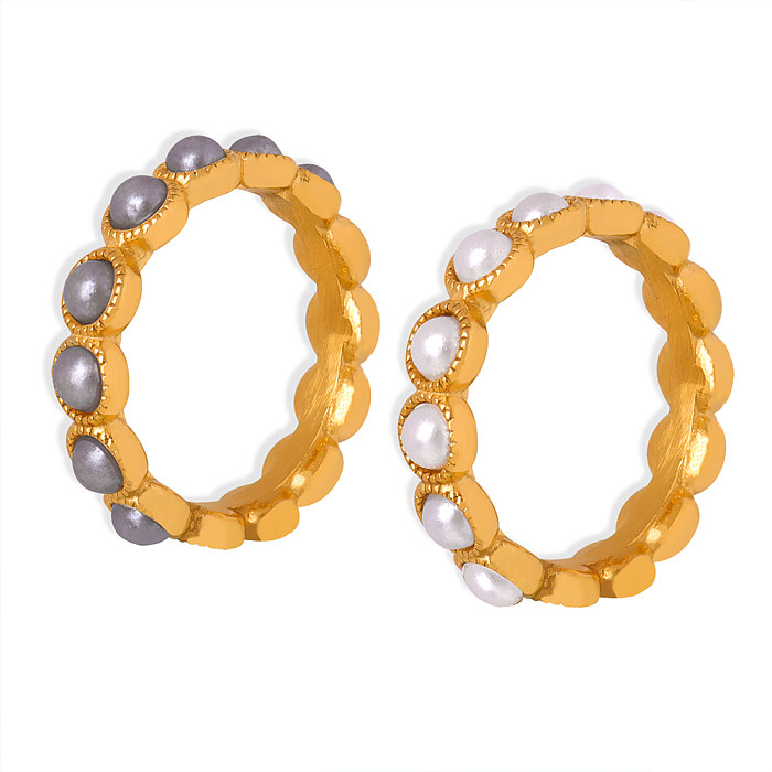 Elegant Lady Baroque Style Geometric Titanium Steel Plating Inlay Artificial Pearls 18K Gold Plated Rings