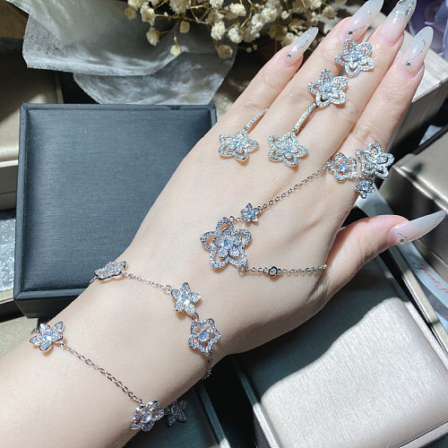 [Seiko Micro-Inlaid] Double Flower Flower Rhinestone-Embedded Suit Female European And American Entry Lux Clavicle Chain Super Fairy Bright Necklace Ring