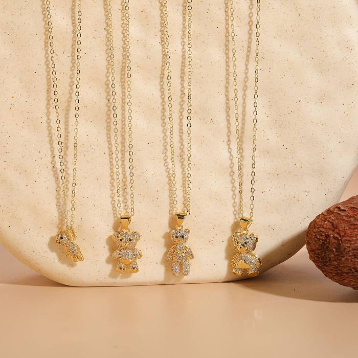 Cute Luxurious Streetwear Little Bear Brass 14K Gold Plated Zircon Pendant Necklace In Bulk