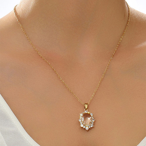 1 Piece Simple Style Oval Copper Inlay Zircon Pendant Necklace