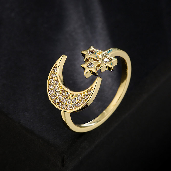Modischer, geometrischer, offener Ring aus 18 Karat Gold mit Zirkon, Stern und Mond, aus Kupfer