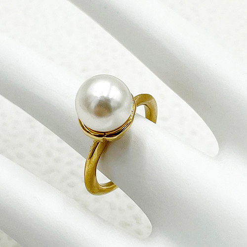Venta al por mayor, anillos de perlas chapados en oro con incrustaciones de acero inoxidable de Color sólido de estilo romano dulce elegante