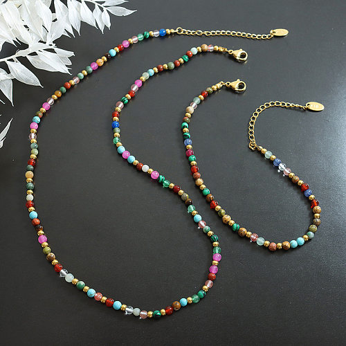 Fashion Round Natural Stone Titanium Steel Beaded Plating Bracelets Necklace 1 Piece