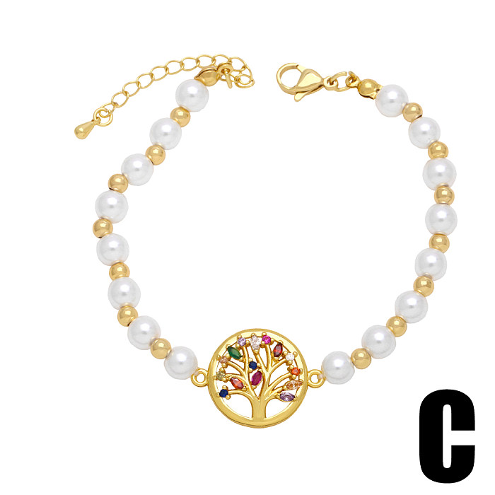 IG Style Streetwear Leaves Flower Imitation Pearl Copper Beaded Plating Inlay Zircon 18K Gold Plated Bracelets