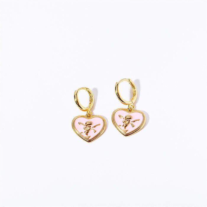 1 par de brincos banhados a ouro 14K em formato de coração retrô esmaltado cobre