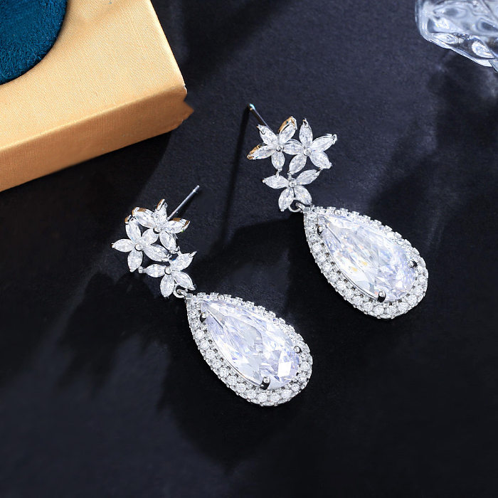1 Pair Elegant Water Droplets Snowflake Plating Inlay Copper Artificial Gemstones Rhodium Plated Drop Earrings